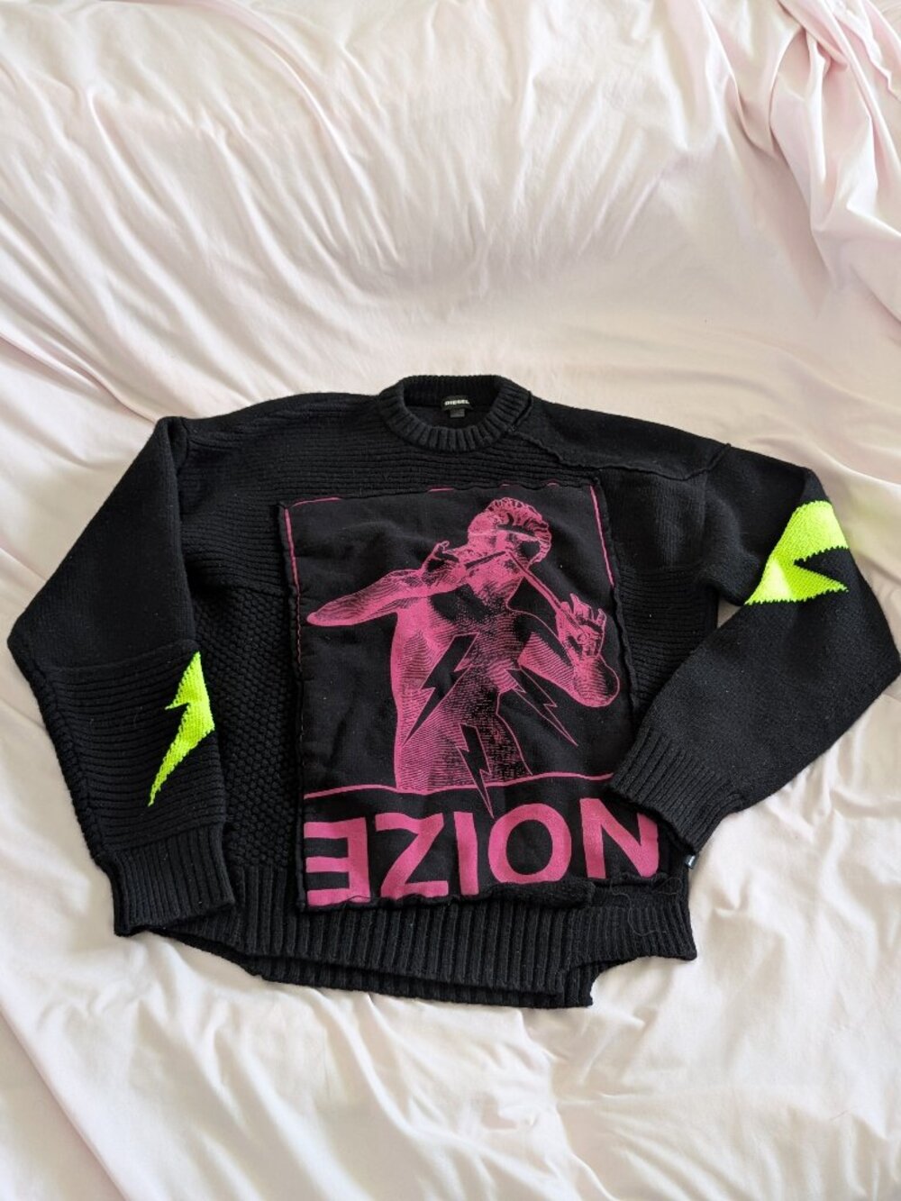 Diesel Black Pink Neon Graphic Knit Sweater Size S